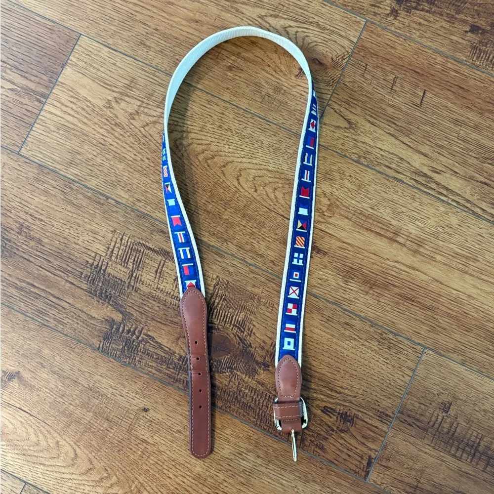 Navy Nautical Ribbon Canvas Belt with Brown Leather Trim